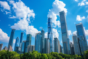 Fototapeta premium Skyscrapers Viewed from Below with Blue Sky and White Clouds