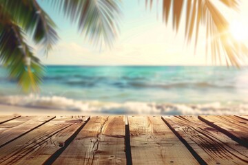 Fototapeta premium Tropical beach with clear blue water and palm leaves in the sun. Relaxing summer vacation concept. Serene view from a wooden deck. Colorful and sunny background for holiday vibes. Generative AI