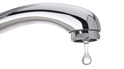 Closeup of a dripping faucet wasting water isolated on transparent background