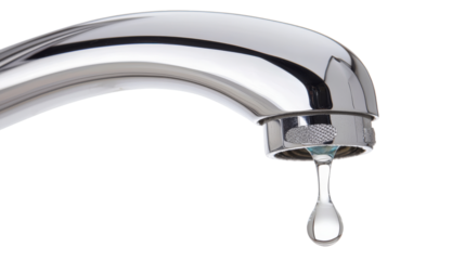 Closeup of a dripping faucet wasting water isolated on transparent background