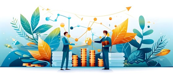 Businessmen Making a Deal with Gold Coins and Growth Charts.