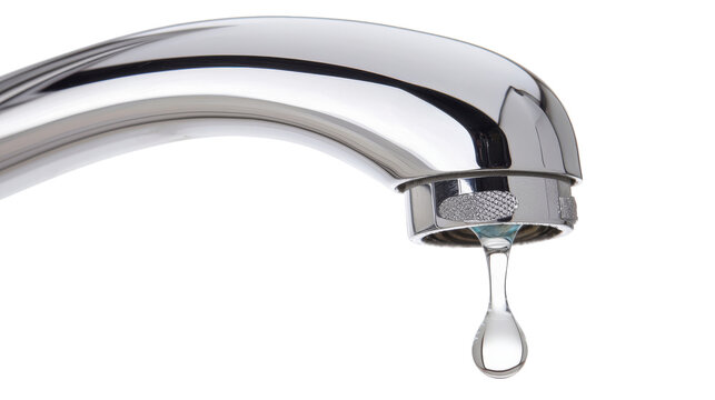 Closeup of a dripping faucet wasting water isolated on transparent background