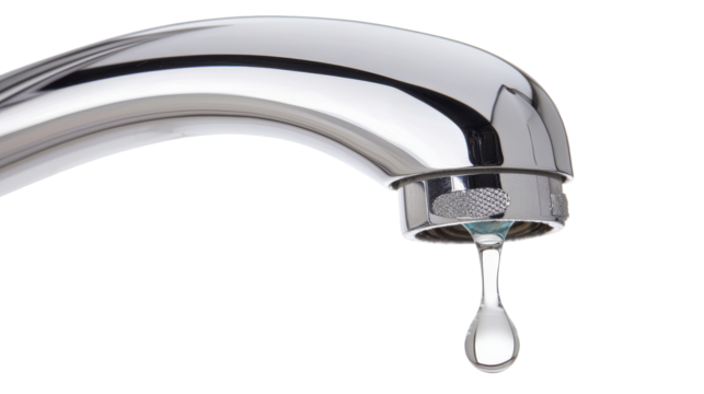 Closeup of a dripping faucet wasting water isolated on transparent background