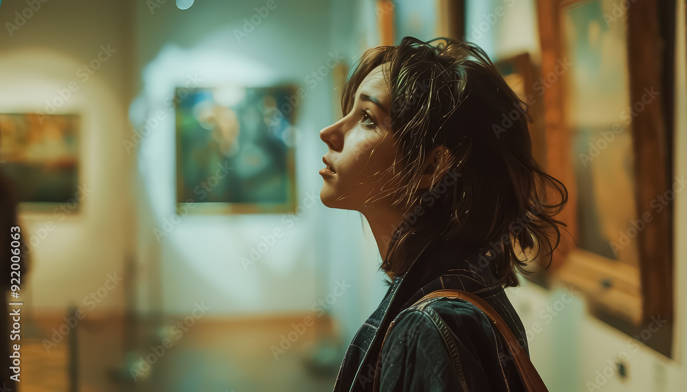 Poster a woman is looking at a painting in a museum