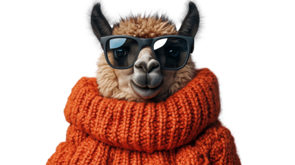 Llama wearing sunglasses and an orange sweater