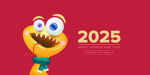 Happy Chinese New Year 2025 illustration vector design with cute and elegant golden snake. Cartoon snake with scarf symbol of 2025 lunar year.