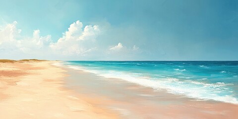 Fototapeta premium A serene beach scene with blue ocean waves crashing on the sandy shore under a cloudy sky.