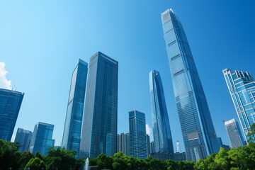 Obraz premium Skyscrapers Viewed from Below with Blue Sky and White Clouds