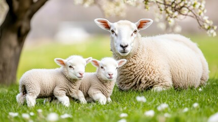 Obraz premium A mother sheep watches over her playful lambs in the lush green English countryside beneath an ancient tree
