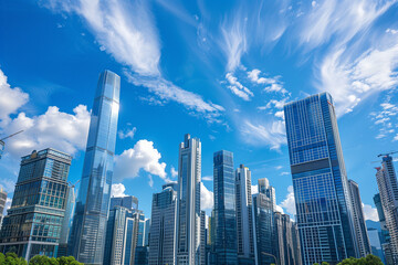 Skyscrapers Viewed from Below with Blue Sky and White Clouds