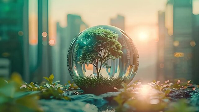 A small tree encased in a glass sphere sits on mossy rocks, with a city skyline and sunset in the background.