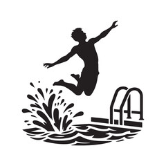 man jump into pool silhouette style with white background.