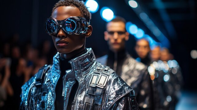 A group of men are wearing futuristic clothing and sunglasses