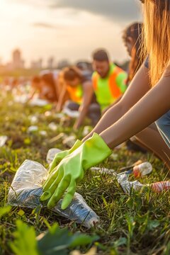 Group of volunteers cleaning up a park, collecting trash and promoting environmental awareness and community responsibility, vertical image