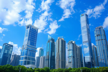 Fototapeta premium Skyscrapers Viewed from Below with Blue Sky and White Clouds