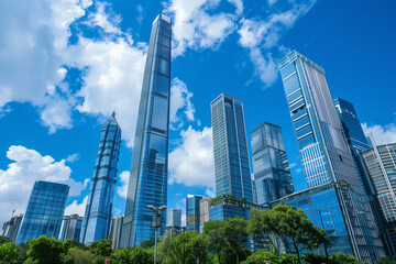 Fototapeta premium Skyscrapers Viewed from Below with Blue Sky and White Clouds