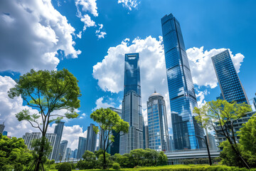 Obraz premium Skyscrapers Viewed from Below with Blue Sky and White Clouds
