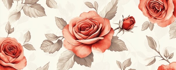 Seamless floral pattern with red roses blooming on white background