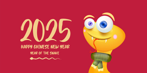 Happy Chinese New Year 2025 illustration vector design with cute and elegant golden snake. Cartoon snake with scarf symbol of 2025 lunar year.