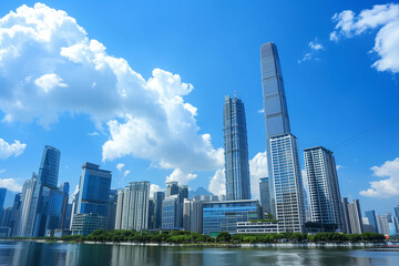 Fototapeta premium Skyscrapers Viewed from Below with Blue Sky and White Clouds