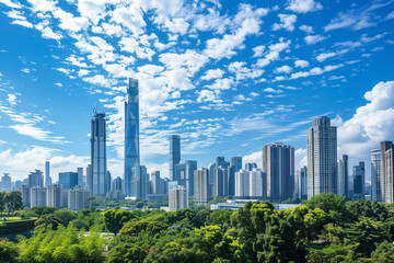 Skyscrapers Viewed from Below with Blue Sky and White Clouds