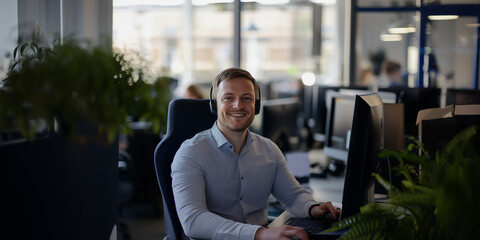 Photo of an company's manager.  facing forward, sitting at a computer, and receiving messages.