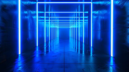 A long corridor with blue neon lights on the walls, reflecting on the floor.