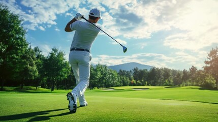 a man hitting a golf club, with a prominent view over the green and the club behind his back like after a swing