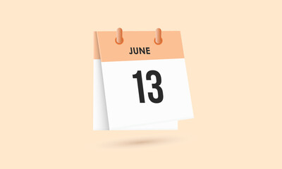 June 13 - calendar and Time planner. Daily Calendar Icon reminder. Vector Illustration.