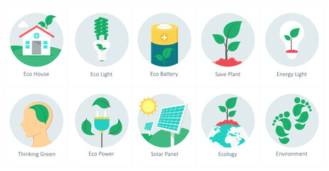 A set of 10 ecology icons as eco house, eco light, eco battery 