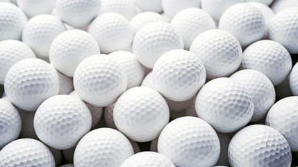 Many golf balls together closeup isolated on a white background