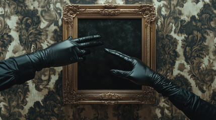 Hands in black gloves reach towards paintings and valuable museum exhibits. Concept of «steal like an artist». Thief in a museum.