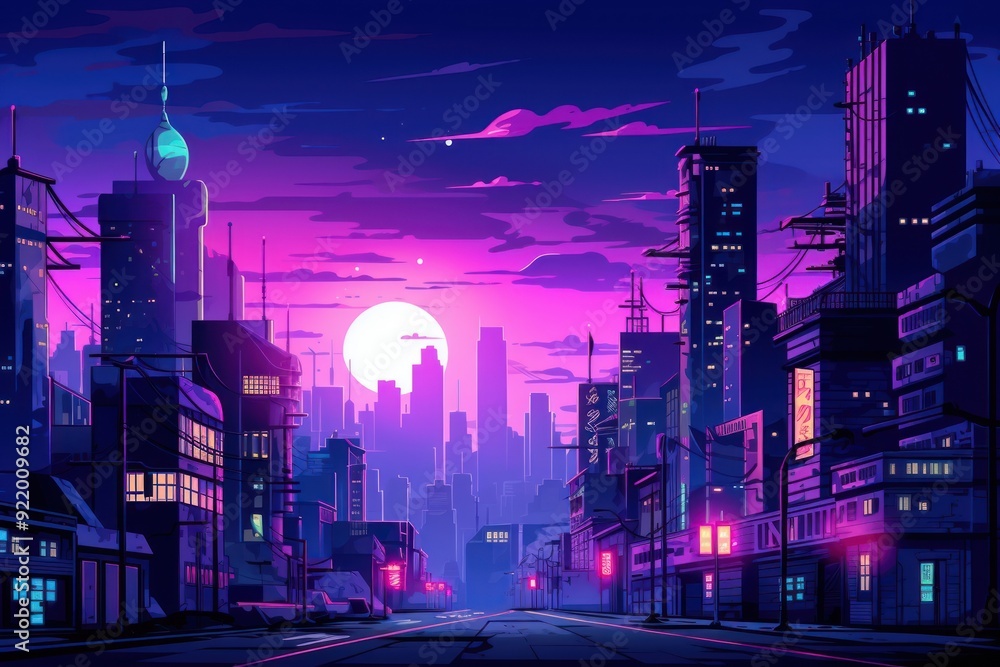 Sticker futuristic neon-lit cityscape at dusk