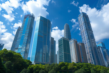 Fototapeta premium Skyscrapers Viewed from Below with Blue Sky and White Clouds