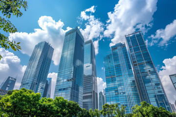 Skyscrapers Viewed from Below with Blue Sky and White Clouds