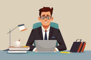 Cartoon-style businessman in a suit working on a laptop at his desk.