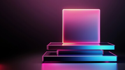 Digital stage, floating holographic shapes, neon tech visuals, sleek design