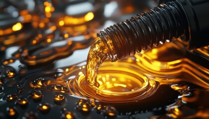 Close-up of golden liquid pouring from a black nozzle onto a reflective surface