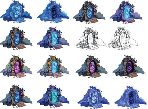 Clip art Game object 2D item Pixel portals set. Magic fantasy glowing door icon Different mystical Fantastical portal door in fairy world cartoon magic fantasy teleports gates ui design elements