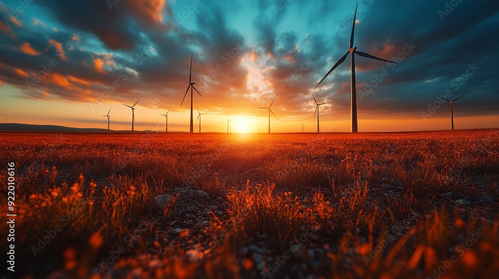 Poster a field of wind turbines with the sun setting in the background