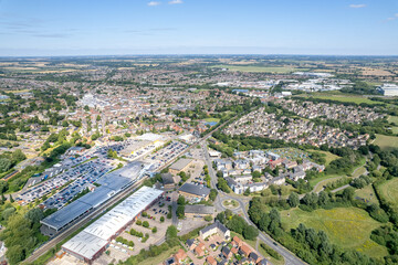 Bicester Village and Bicester town center, amazing aerial view in summer daytime, uk