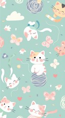 Obraz premium Kittens play with yarn and butterflies against a cheerful, pastel background filled with colorful flowers