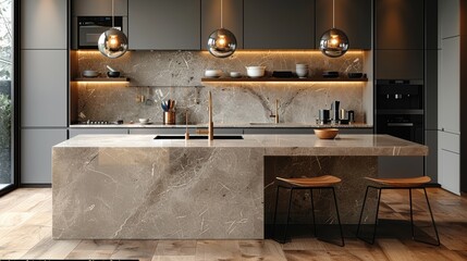 Modern kitchen with marble island and pendant lights in a contemporary home