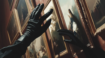 Hands in black gloves reach towards paintings and valuable museum exhibits. Concept of «steal like an artist». Thief in a museum.