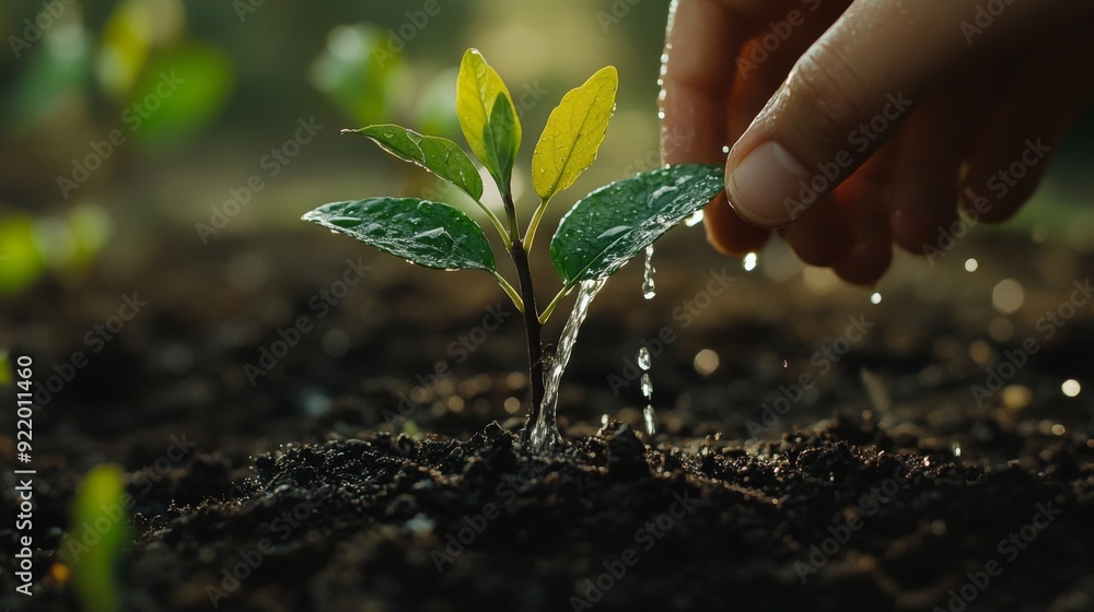 Poster a close-up of a small tree being watered by hand, with droplets of water glistening on the leaves an