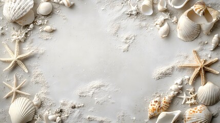 Fototapeta premium A background with seashells and starfish scattered around the edges.