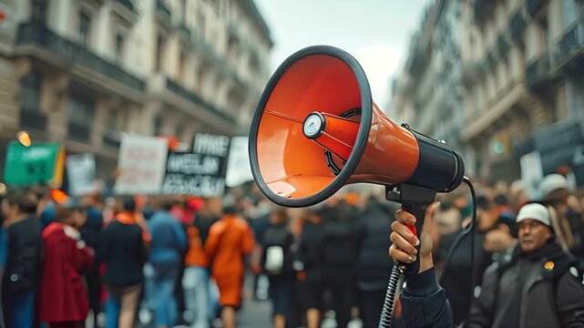 A megaphone held high at a protest, with a crowd of people in the background holding signs.