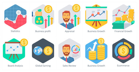 A set of 10 office and business icons as statistics, business profit, appraisal