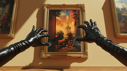 Hands in black gloves reach towards paintings and valuable museum exhibits. Concept of «steal like an artist». Thief in a museum.