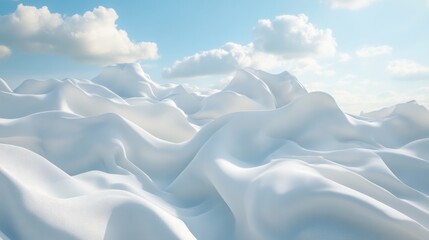 Obraz premium A white cloth material shaped into undulating mountains and clouds with soft edges and blurred details against a clear blue sky.